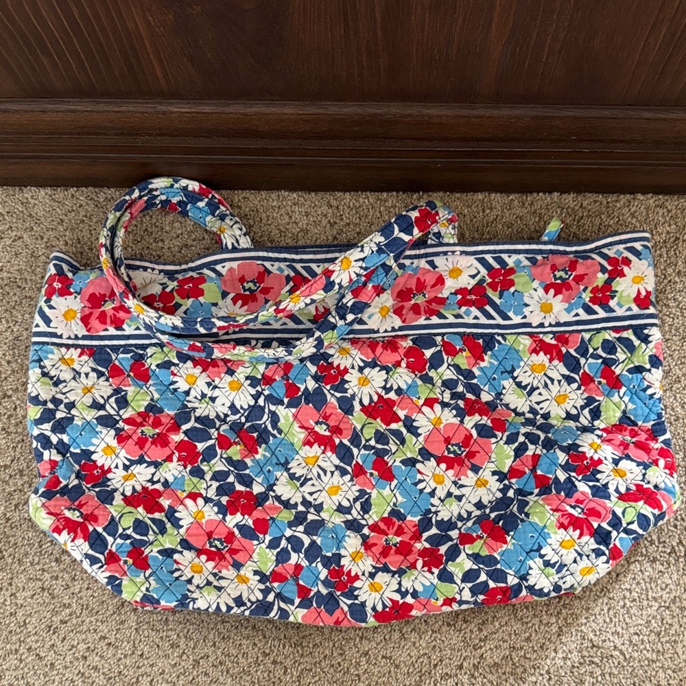 Vera Bradley Quilted Floral Tote in Navy, Red, White & Light Blue